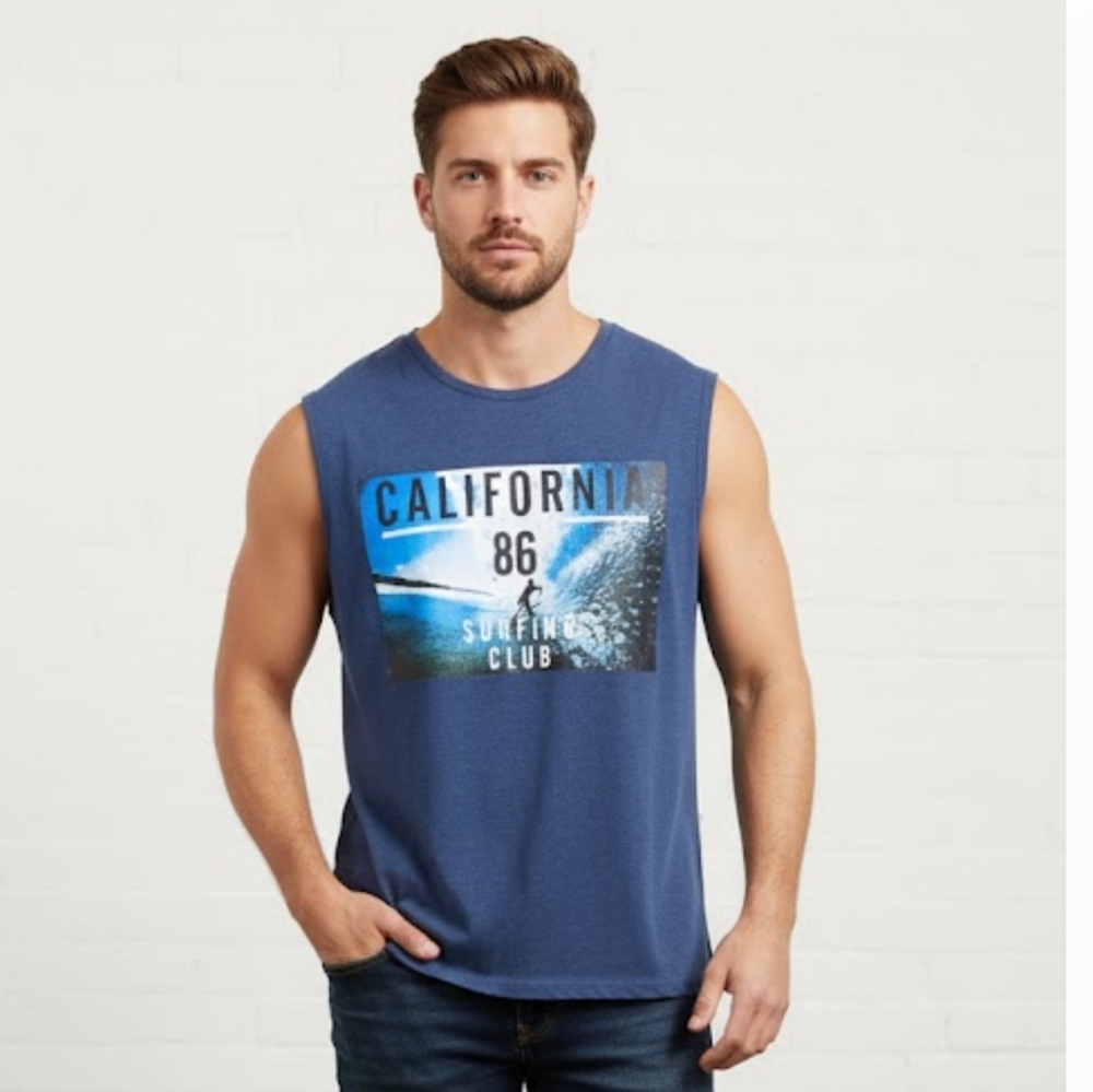 Rivet61 California 86 Surfing Club Sleeveless Tank Top - Blue - XL